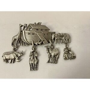 Vintage Signed JJ Noahs Ark Dangle Animals Brooch Pin Religious Art Silver Tone